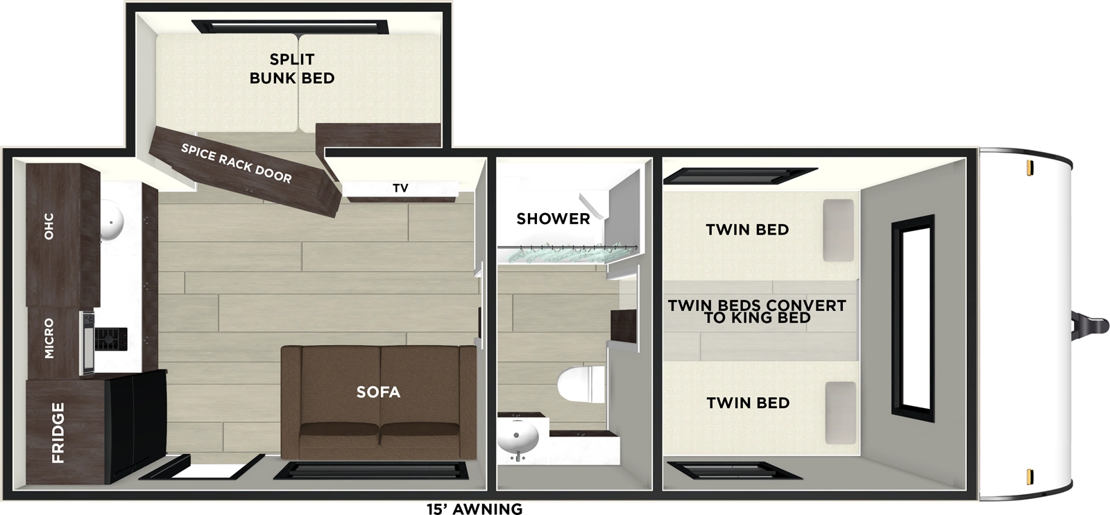 The Salem FSX 165RKS floorplan has one entry and one slide out. Exterior features include: fiberglass exterior and 15' awning. Interiors features include: bunk beds, rear kitchen, front bedroom and pass through bathroom.